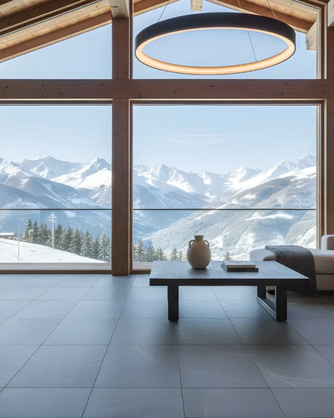Vue d'un salon de chalet moderne à Nendaz avec sol en grands carreaux gris anthracite. En arrière-plan, une large baie vitrée cadre une vue panoramique imprenable sur les Alpes valaisannes enneigées.