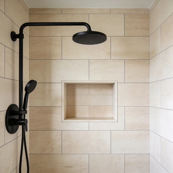 Douche à l'italienne moderne avec carrelage beige effet pierre naturelle et niche de rangement intégrée. Robinetterie noire mate design installée par Céramique XXL en Valais.
