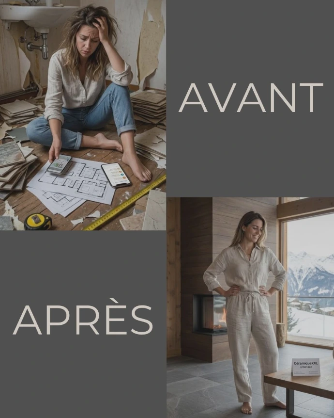 Montage photo avant après d'une rénovation intérieure par Céramique XXL à Nendaz. En haut : l'état avant, montrant le chantier avec des piles de matériaux et une femme. En bas : le résultat final après, illustré par un salon de chalet moderne et lumineux, avec un sol en grands carreaux et la même femme souriante, devant une vue panoramique enneigée.