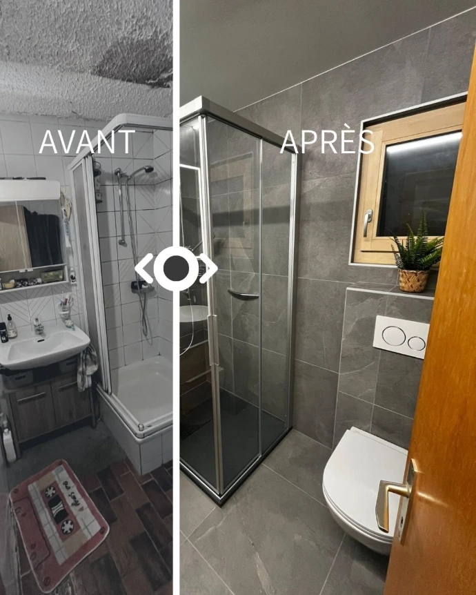 Montage photo avant après d'une rénovation de salle de bains à Nendaz. Transformation d'une ancienne cabine en douche à l'italienne moderne avec carrelage gris.