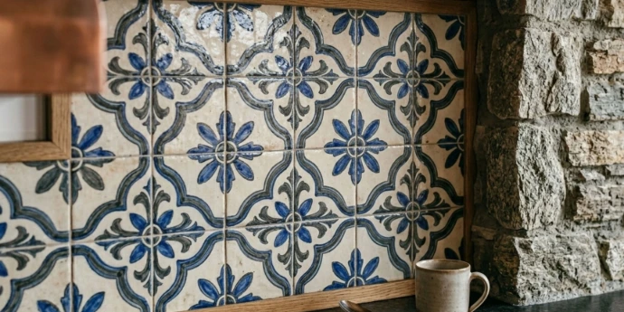 Gros plan sur une crédence de cuisine en faïence avec des motifs géométriques et floraux bleus et blancs. À droite, un mur en pierre naturelle texturé.