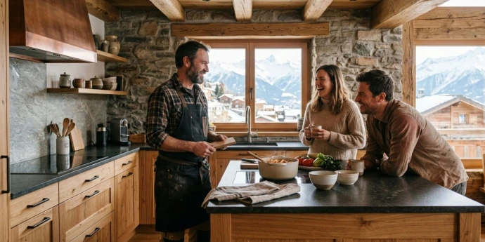 Un artisan menuisier discutant avec un couple dans une cuisine de chalet moderne et chaleureuse. Les menuiseries sont en bois clair et les murs en pierres. En arrière-plan, une vue sur les montagnes enneigées.
