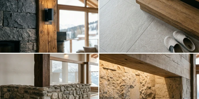 Montage d'images montrant des détails techniques de rénovation : pierre naturelle brute, carrelage d'entrée avec patins, et poutres en vieux bois avec garde-corps en verre.