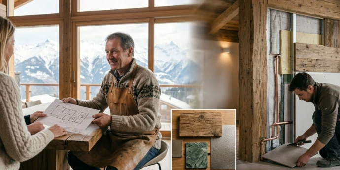 Montage montrant un architecte et sa cliente discutant autour de plans sur une table en bois massif, avec un artisan posant du carrelage dans un mur de chalet technique.