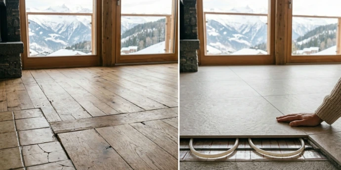 Diptyque montrant, à gauche, un sol en vieux parquet irrégulier et, à droite, la pose de grands carreaux de carrelage modernes sur un système de chauffage au sol apparent.