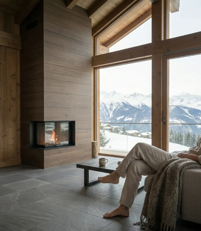 Salon de chalet à Nendaz avec chauffage au sol haute performance et carrelage gris minéral. Cheminée moderne intégrée dans un mur en bois avec vue panoramique sur les sommets enneigés.