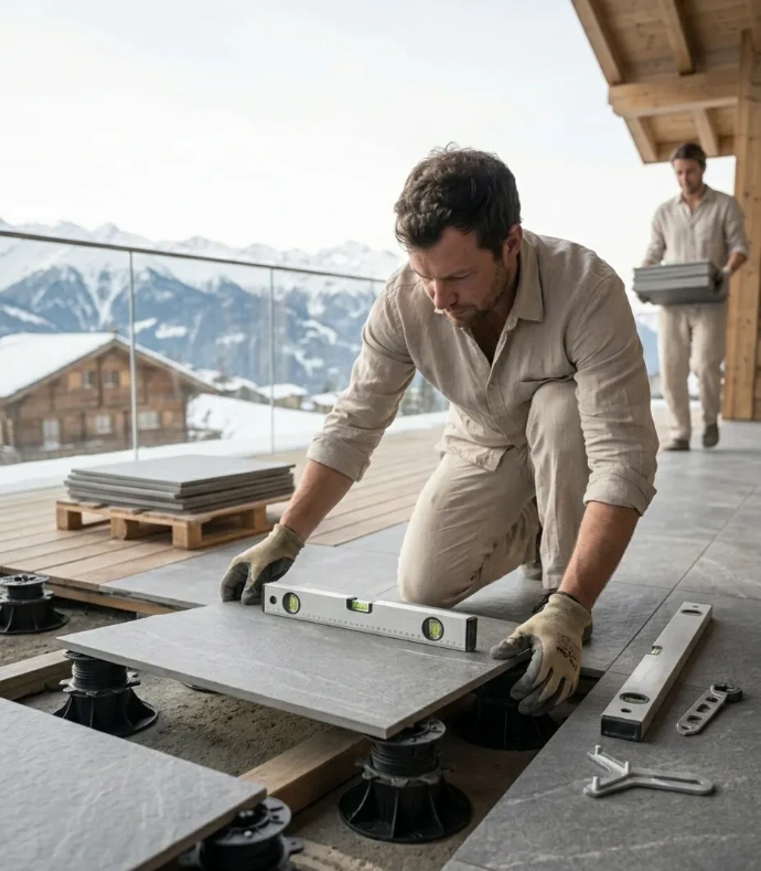 Installation de dalles sur plots pour une terrasse de chalet à Nendaz par un professionnel utilisant un niveau à bulle.